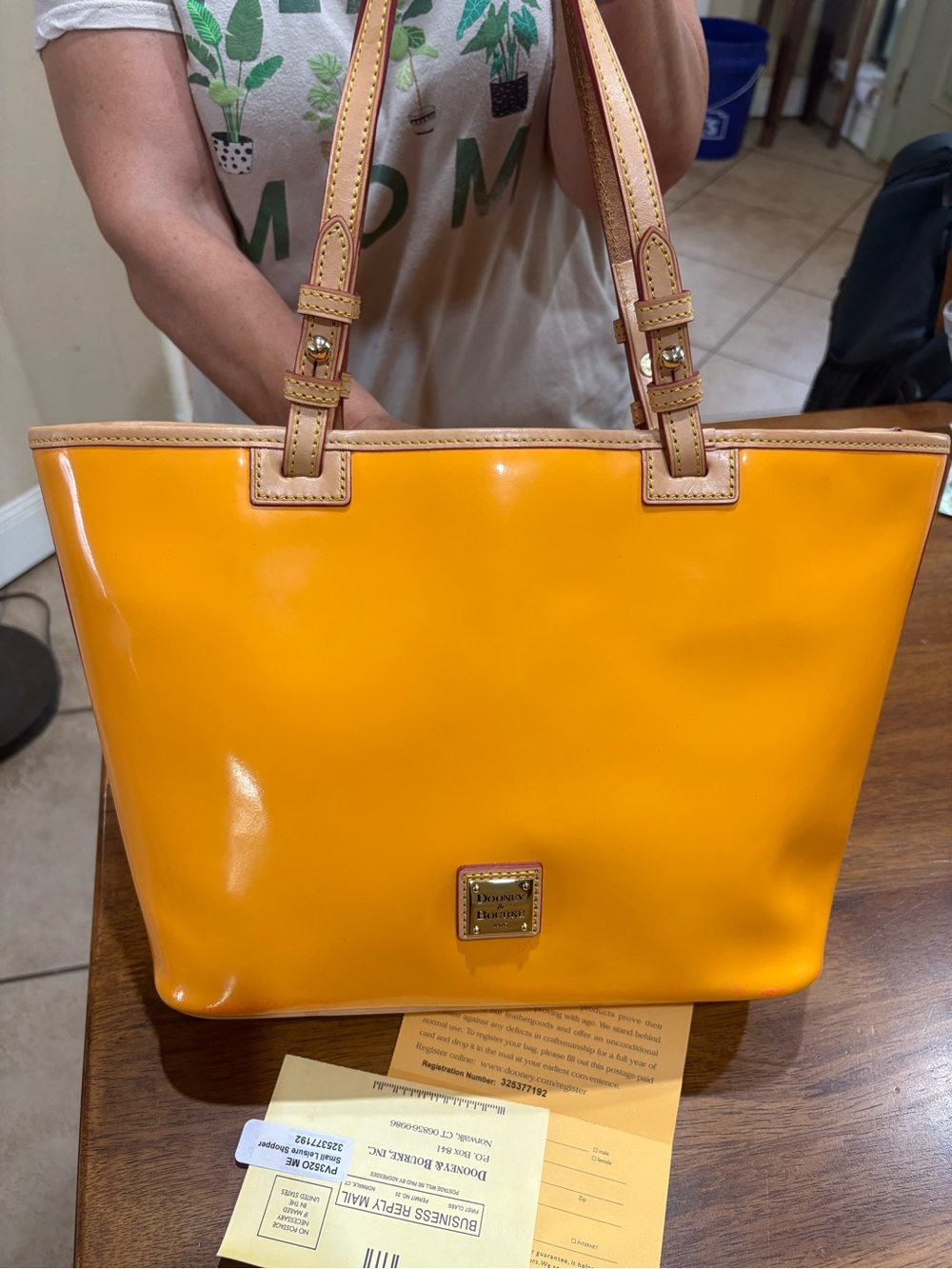 Dooney & Bourke Bright Melon Patent Tote with Tan Trim